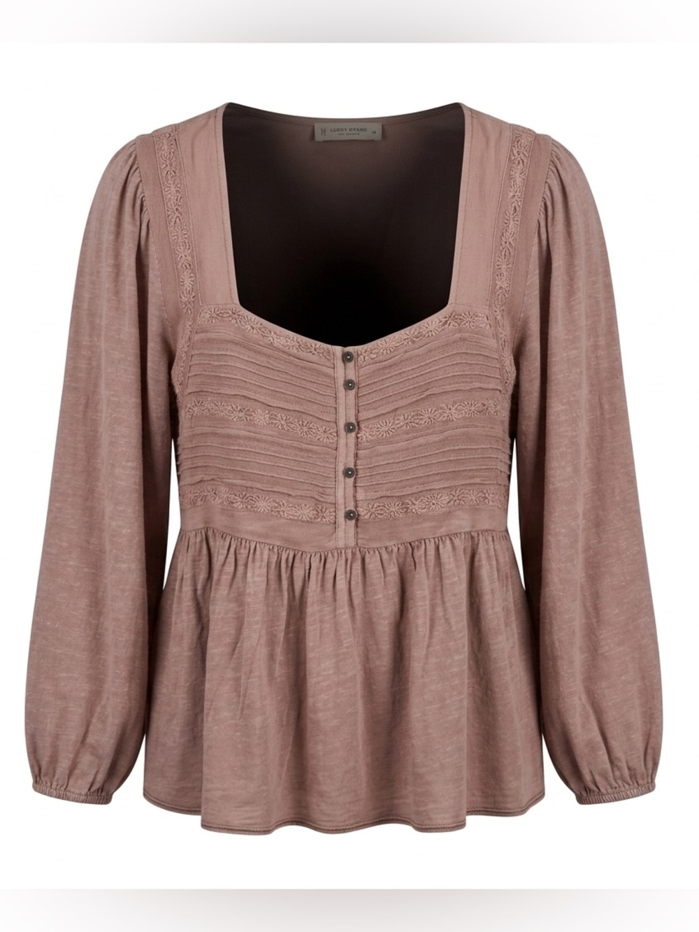 ⁠Lucky Brand Boho Embroidered Babydoll Top Dusty Rose Long Sleeve Medium